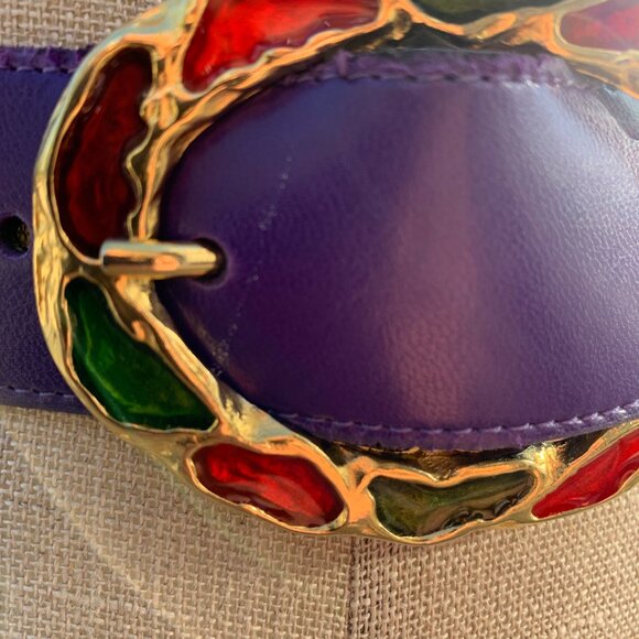 Vintage Purple Leather Statement Gold Buckle Retro 80s 90s Glam Waist Belt - Picture 6 of 13